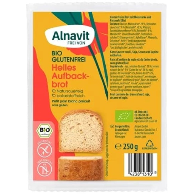 Paine alba fara gluten precoapta bio 250g Alnavit